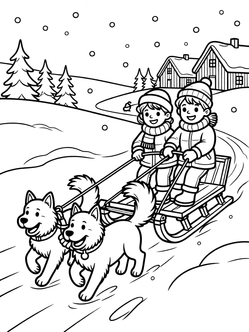 Kids on a dog sledding adventure in snowy Norway.