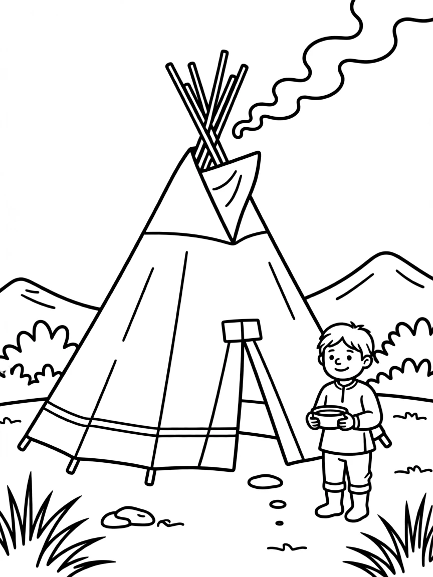 A traditional Sami tent (lavvu) with smoke rising from the top.
