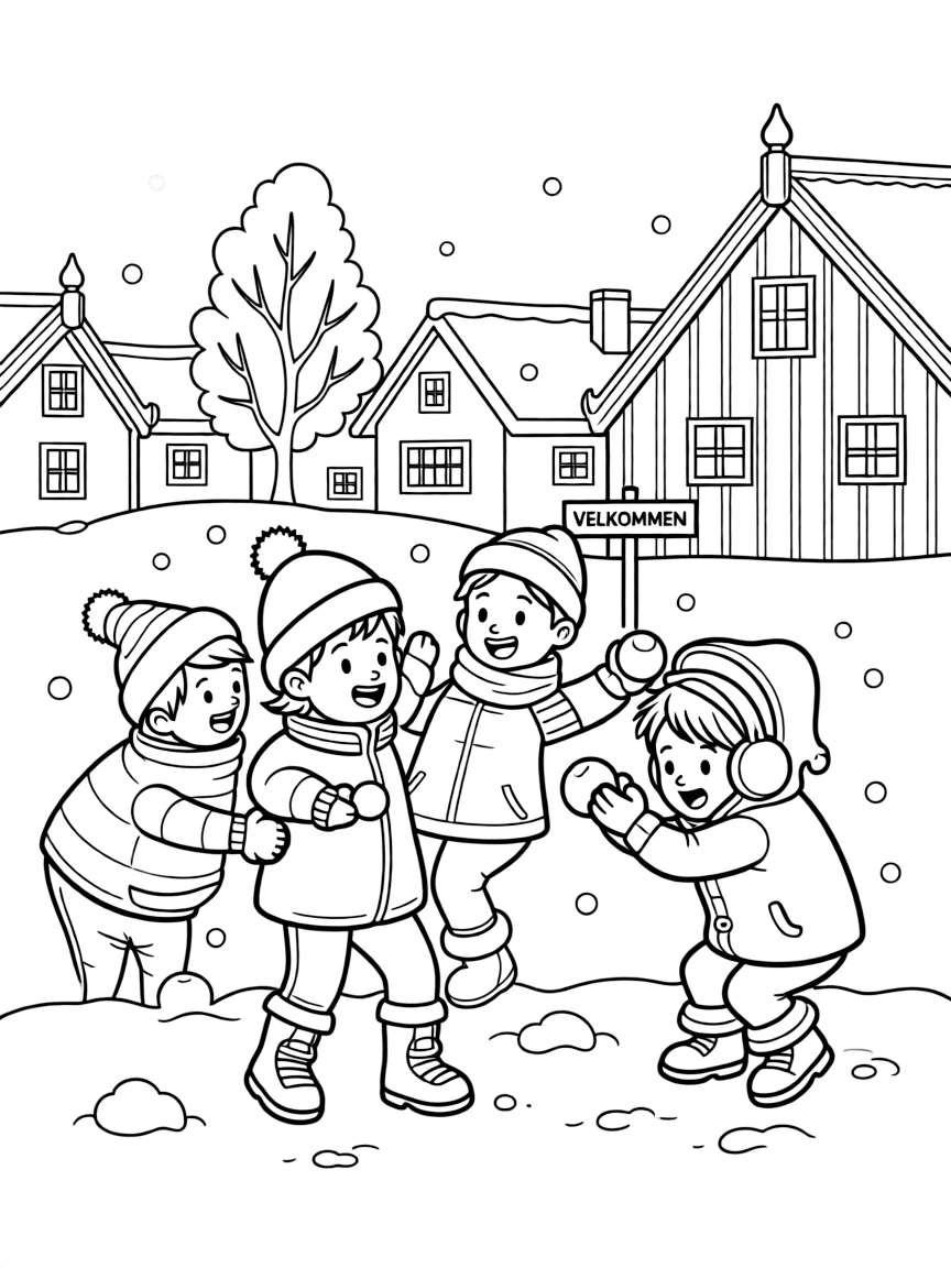 Kids having a snowball fight in a snowy Norwegian village.