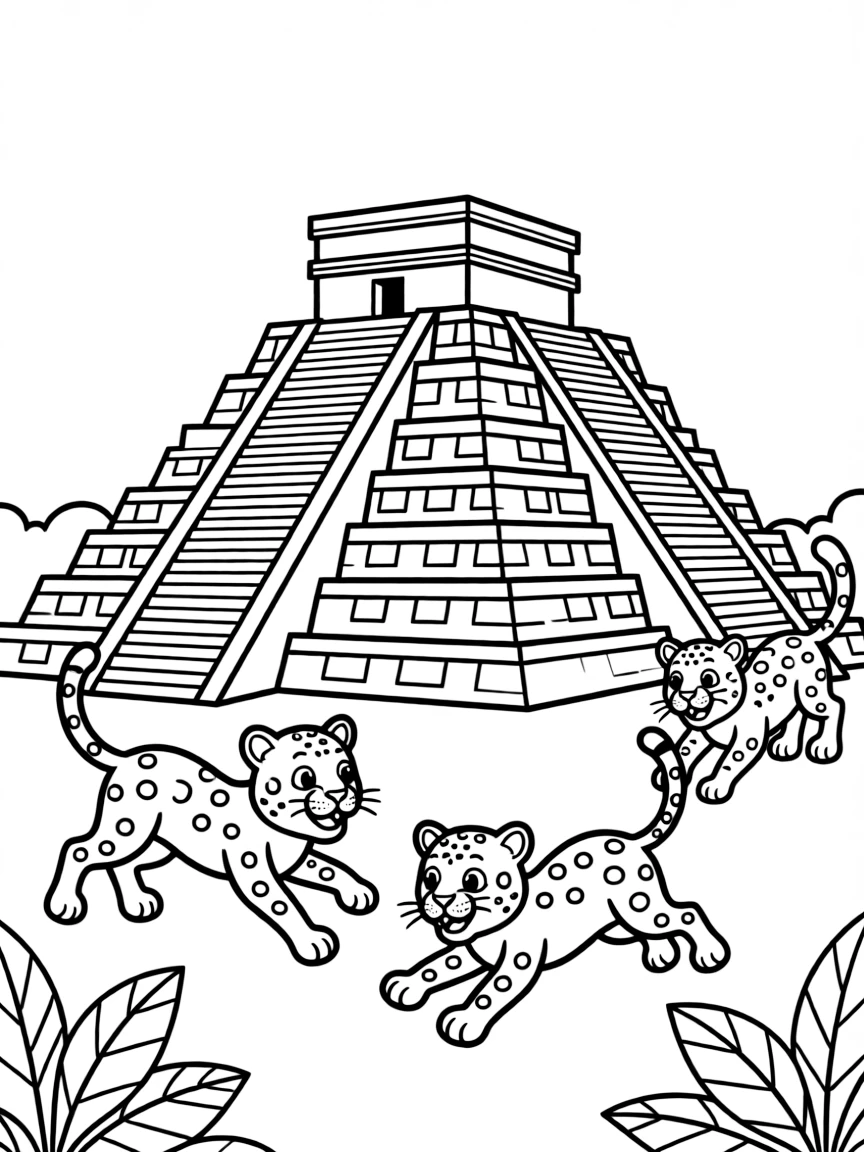 Chichen Itza pyramid in Mexico with playful jaguars (stylized, not scary!).