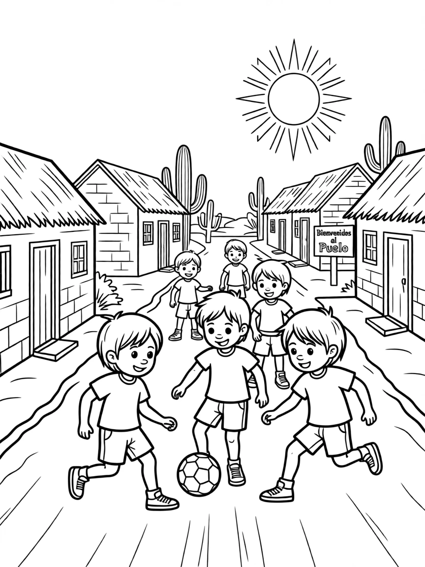Kids playing soccer in a dusty Mexican village.
