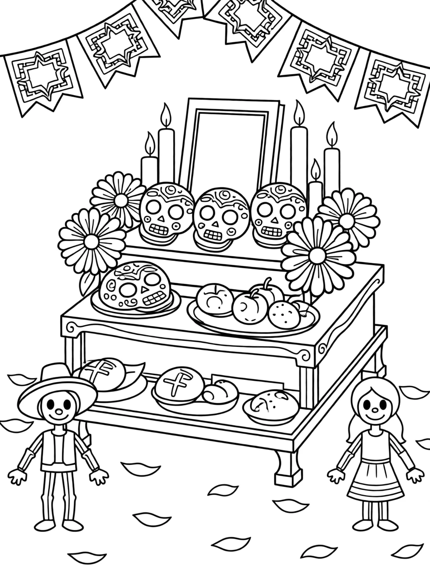 A traditional Day of the Dead altar with colorful offerings.