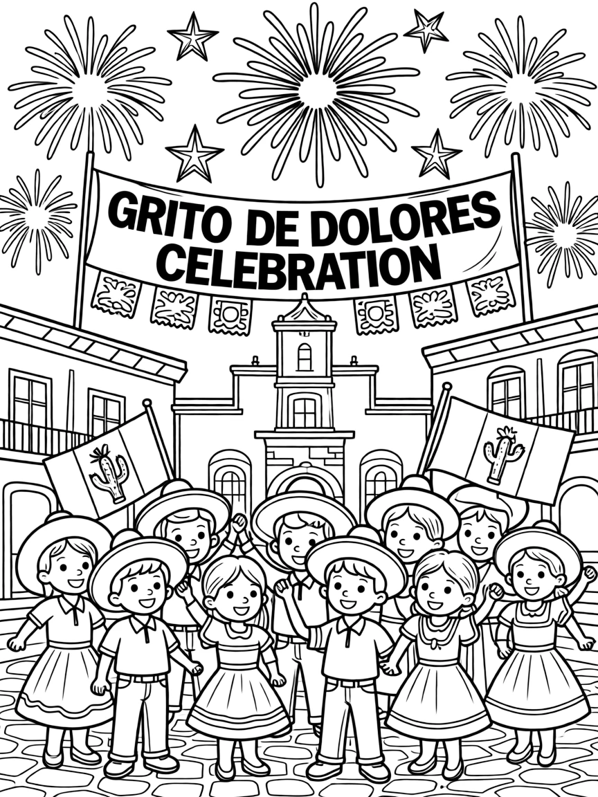 A festive Grito de Dolores (Independence Day) celebration in Mexico with fireworks.