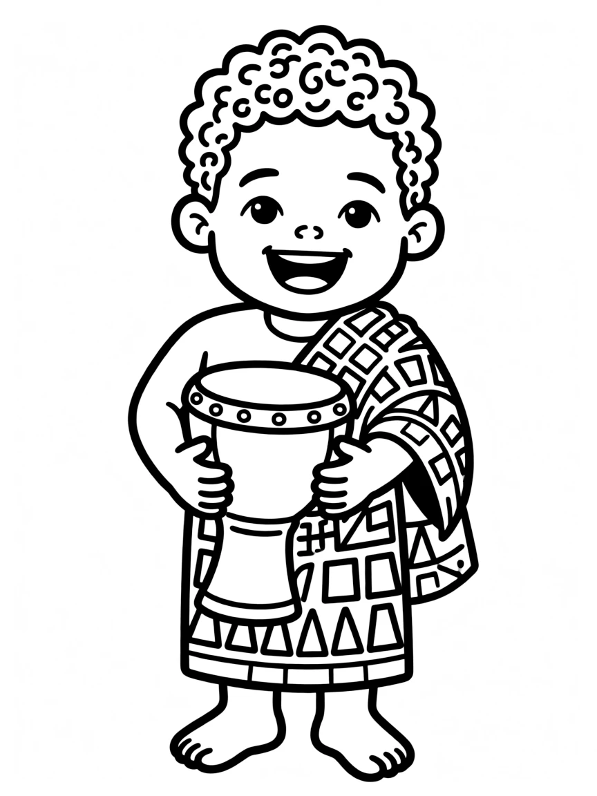 A joyful African child, wearing a kente cloth with geometric patterns, holding a small drum.