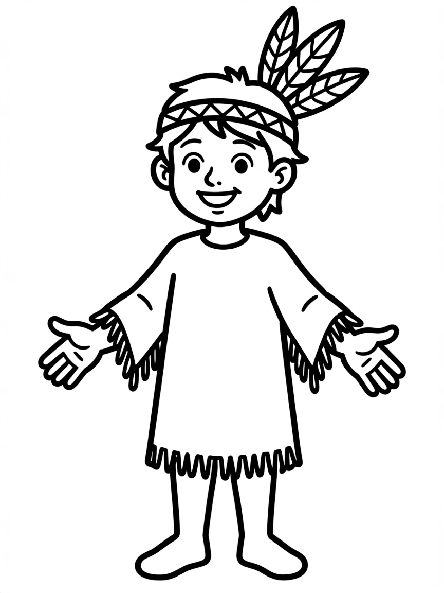 A happy Native American child with a feathered headband, wearing a simple buckskin tunic.