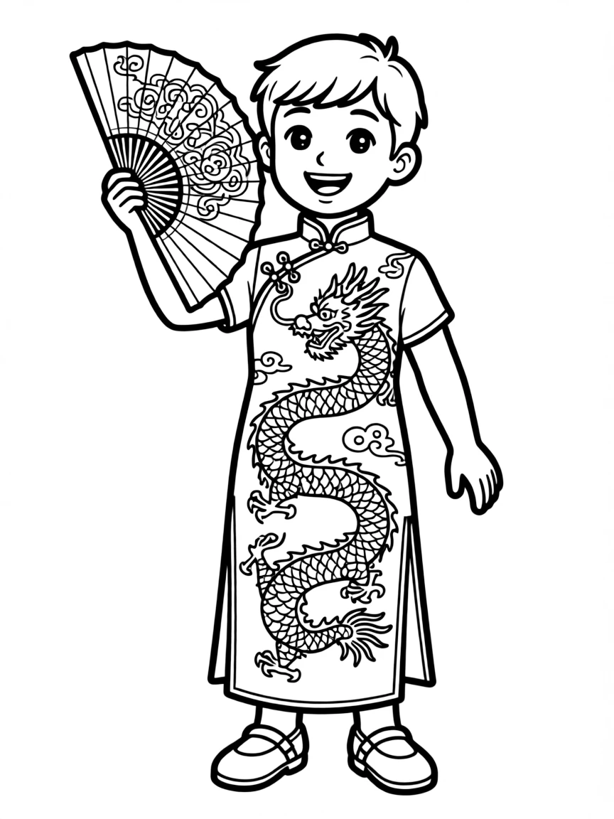 An excited Chinese child in a red qipao with dragon embroidery, holding a paper fan.