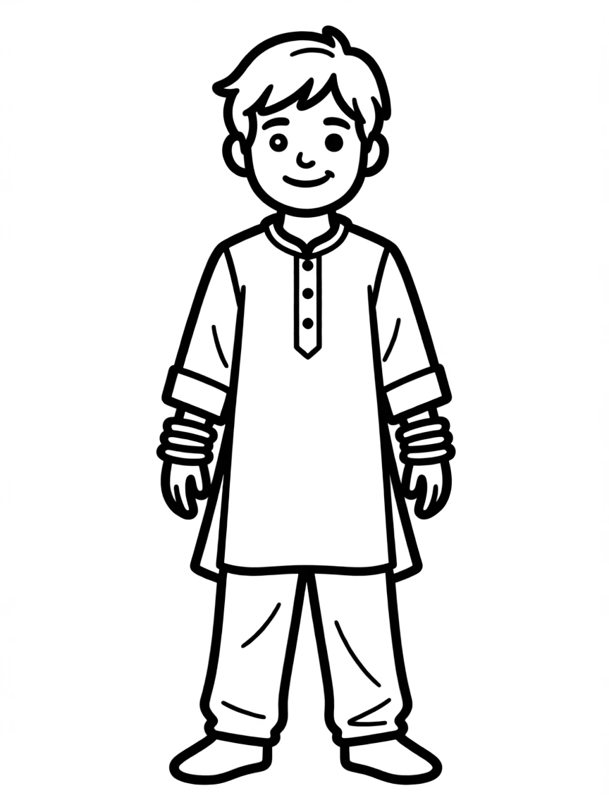A smiling Indian child in a colorful salwar kameez, with bangles on their wrist.