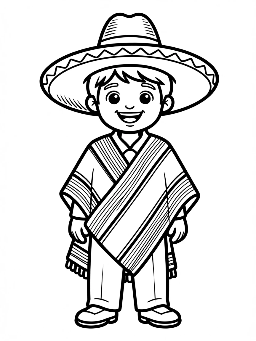 A cheerful Mexican child in a sarape with stripes, wearing a wide-brimmed sombrero.
