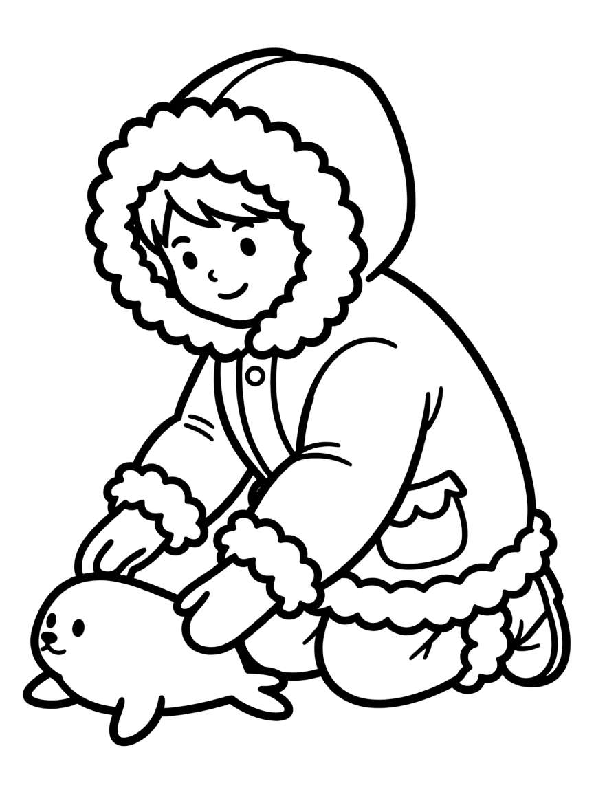 An Inuit child bundled in a warm parka with fur trim, playing with a toy seal.