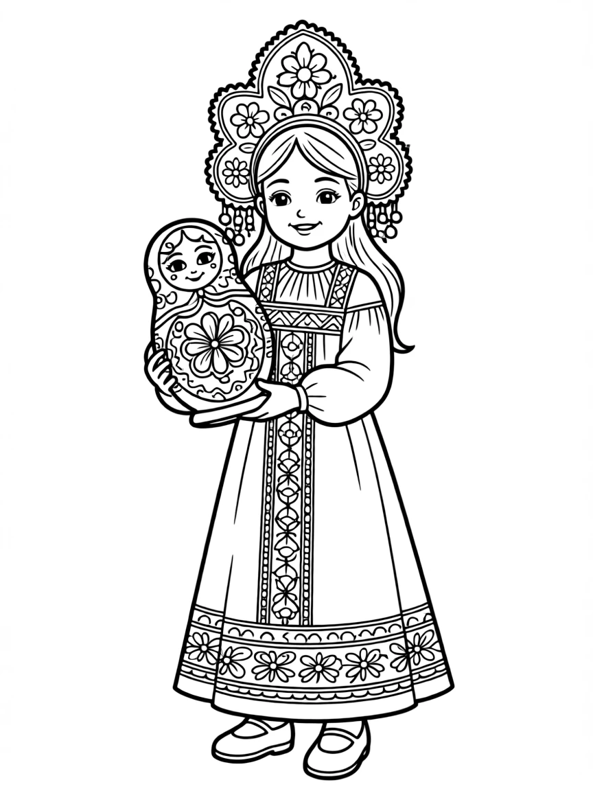 A Russian child in a brightly embroidered sarafan and kokoshnik, holding a matryoshka doll.