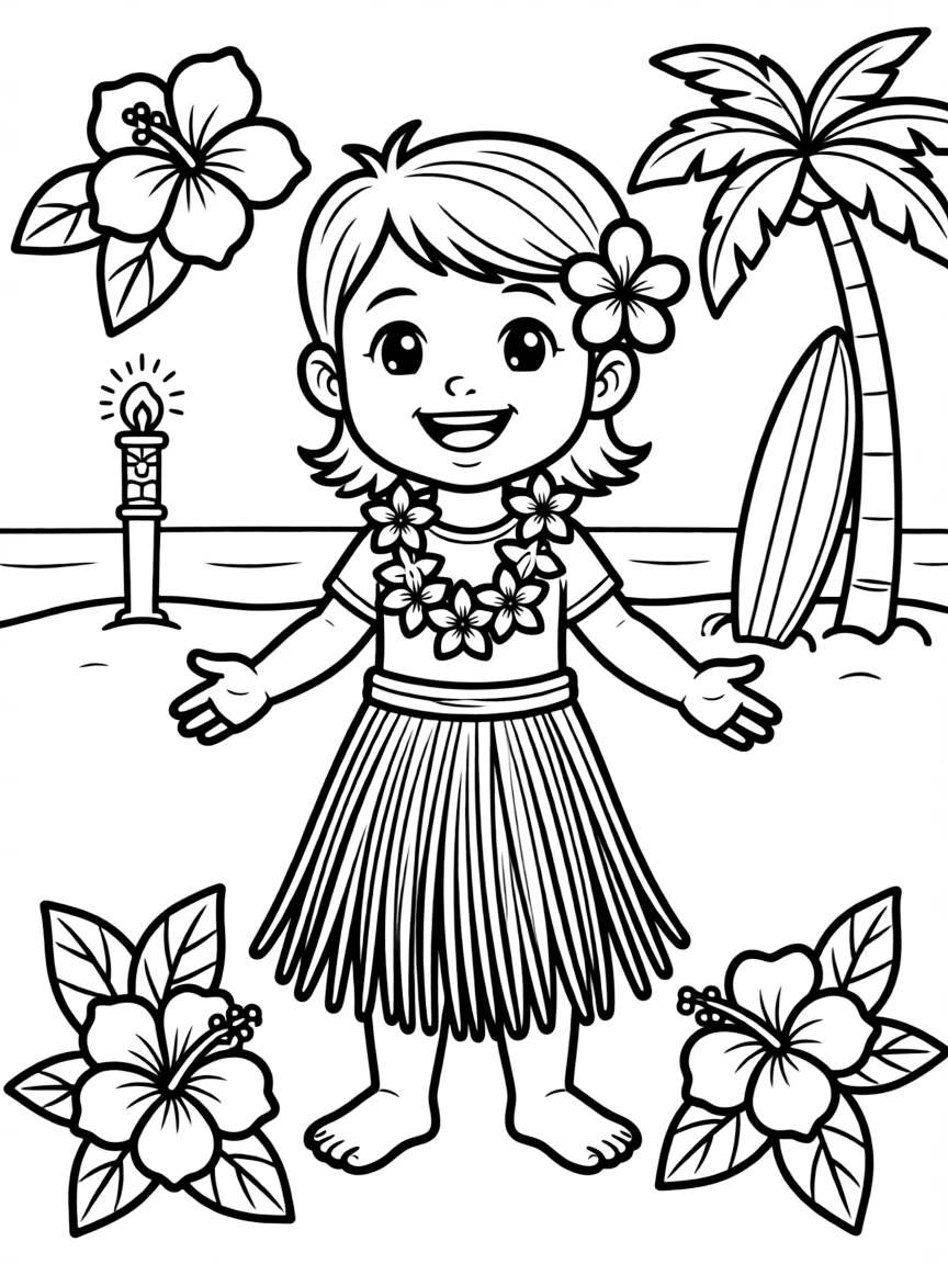 A Hawaiian child in a grass skirt and lei, with flowers in their hair.