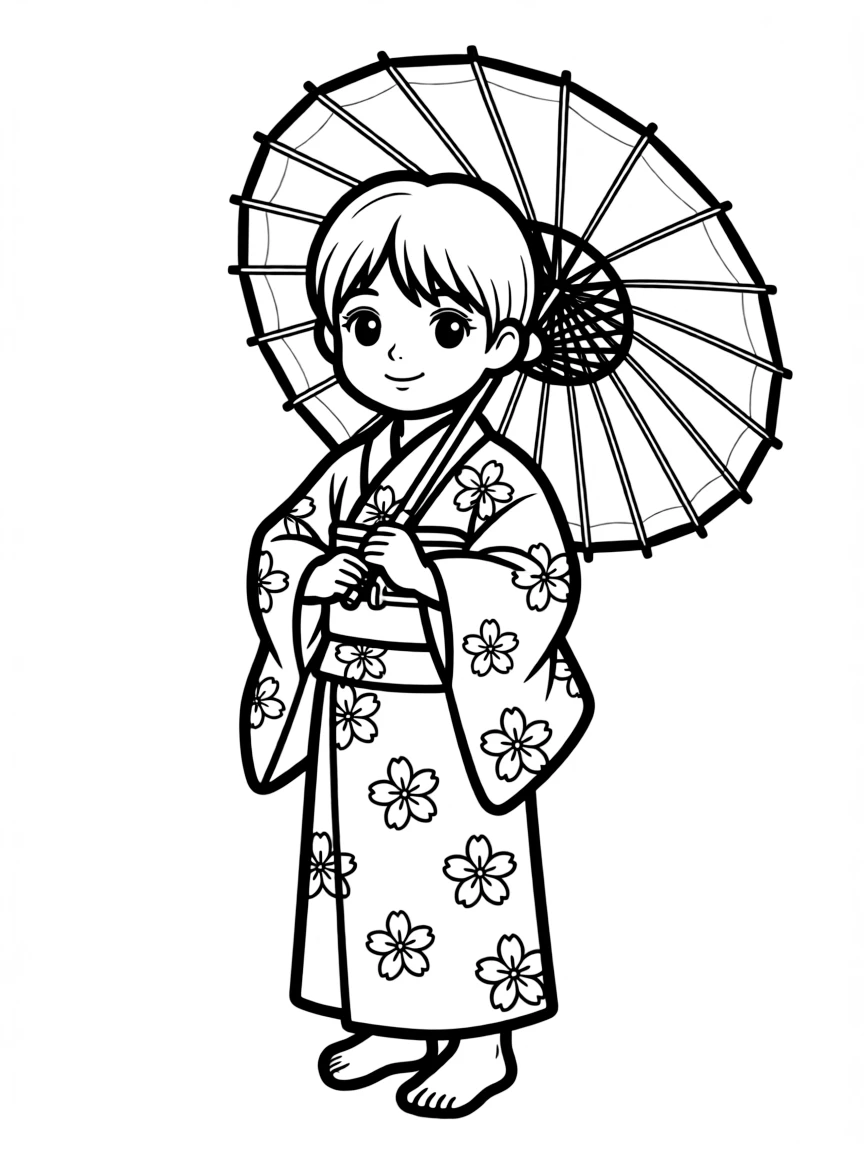 A Japanese child in a simple kimono with cherry blossom patterns, holding a small paper umbrella.