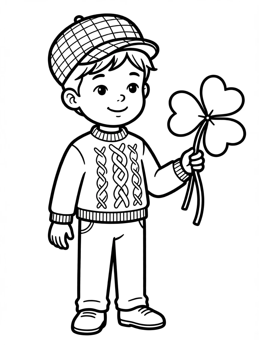 An Irish child in a green tweed cap and simple Aran sweater, holding a shamrock.