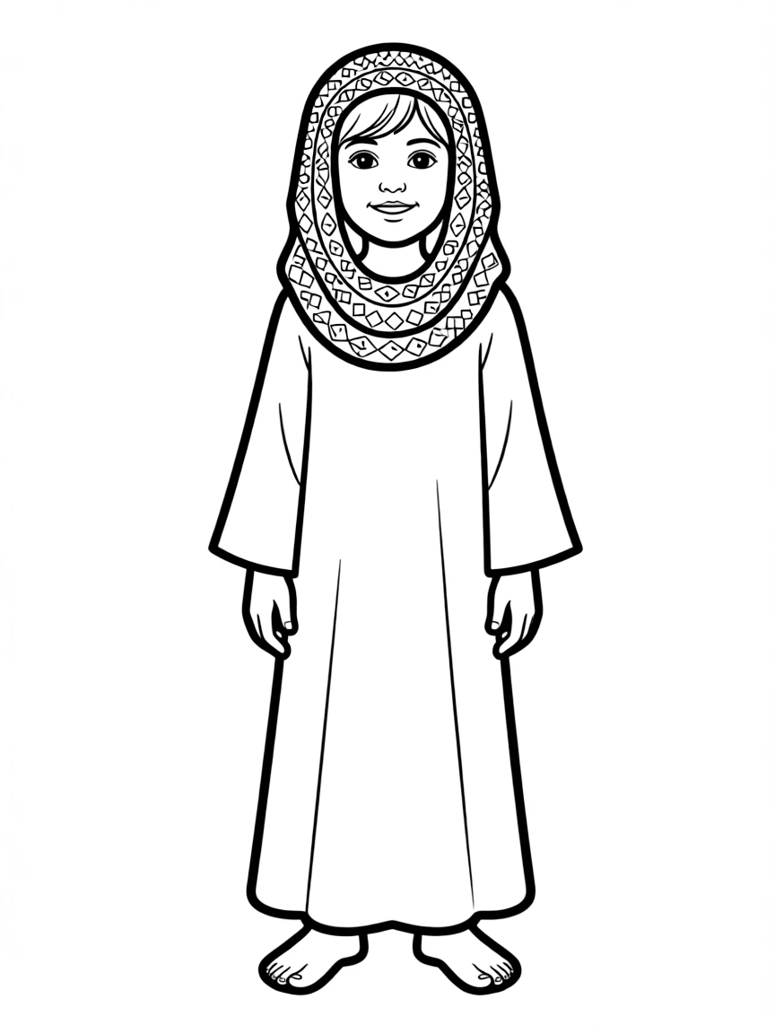 An Egyptian child in a simple white galabeya, with a patterned headscarf.