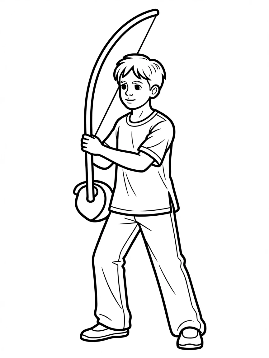 A Brazilian child in a simple capoeira uniform, with a berimbau.