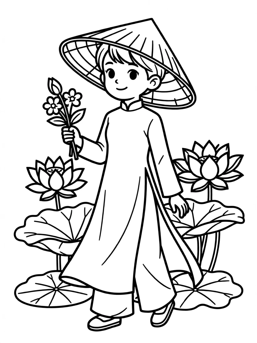 A Vietnamese child in an ao dai, with a non la (conical hat).
