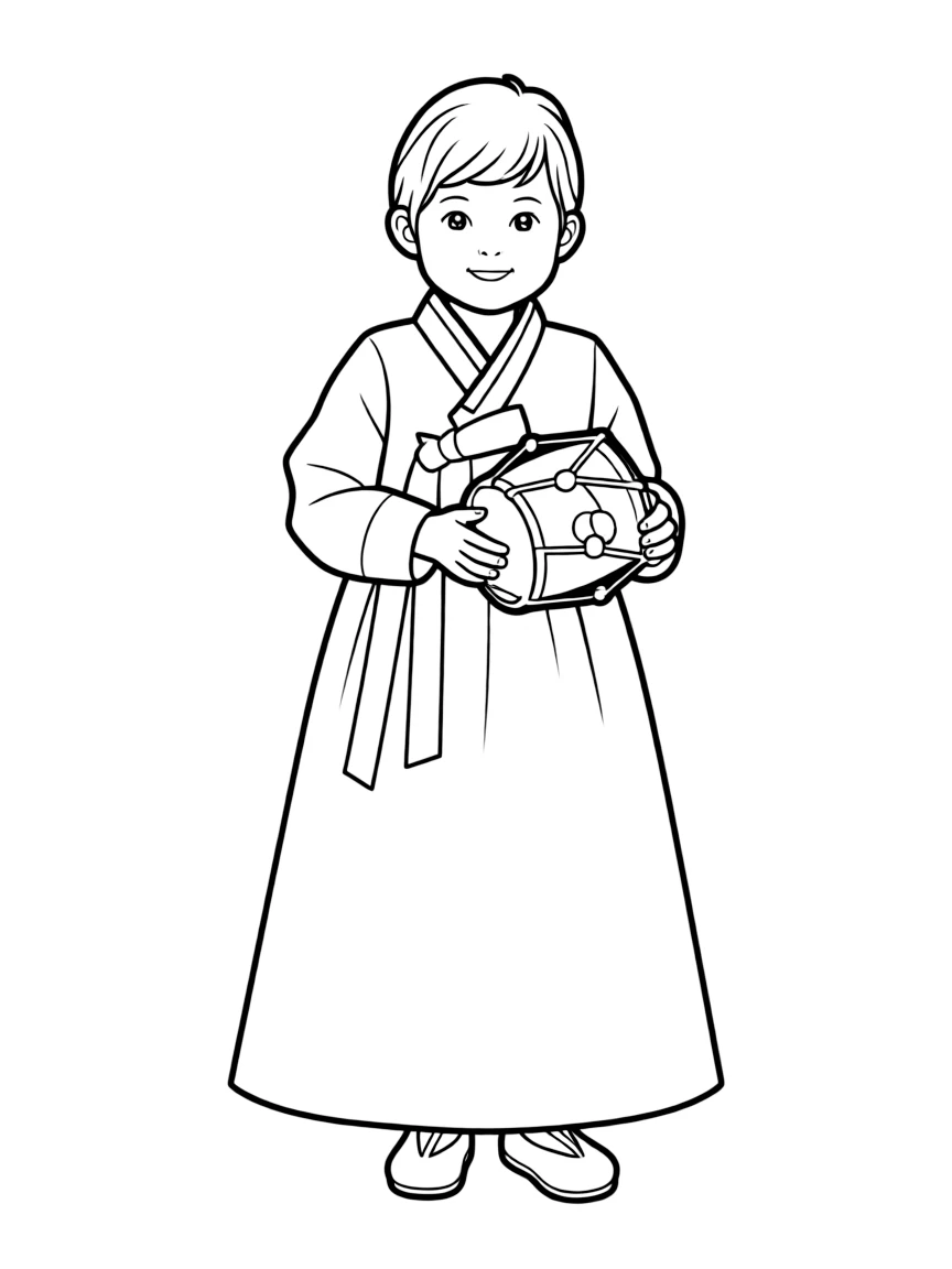 A Korean child in a hanbok, with a small traditional drum.