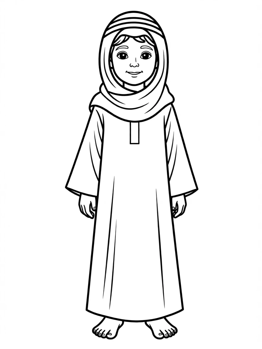 A Bedouin child in a simple flowing thobe and keffiyeh.
