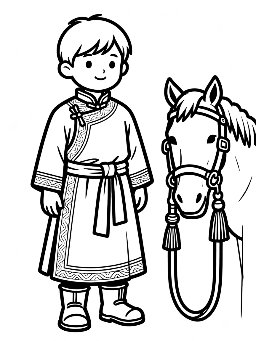 A Mongolian child in a deel, with a traditional horse bridle.