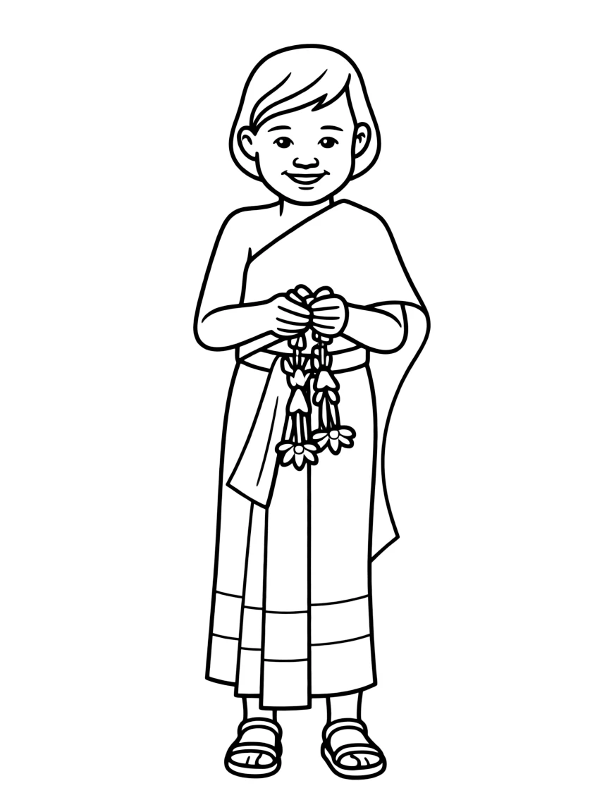 A Thai child in a simple traditional silk dress, with a small floral garland.