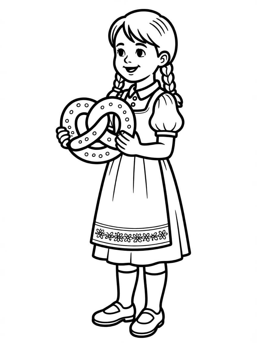 A German child in a dirndl with simple embroidery, holding a pretzel.