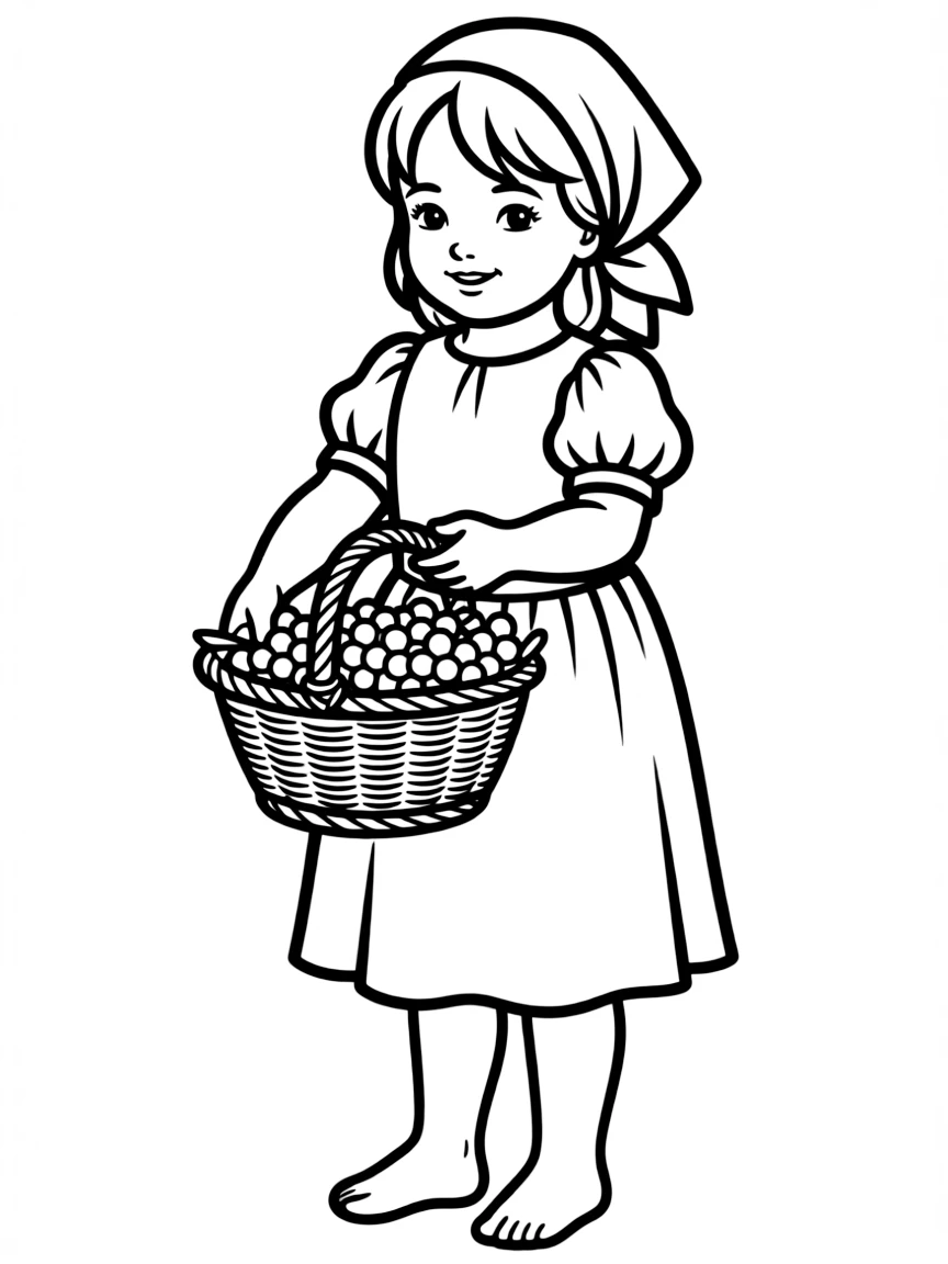 An Italian child in a simple peasant dress with a headscarf, holding a basket of grapes.