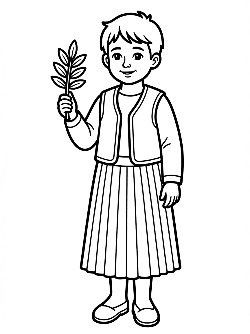 A Greek child in a simple fustanella and vest, with a small olive branch.