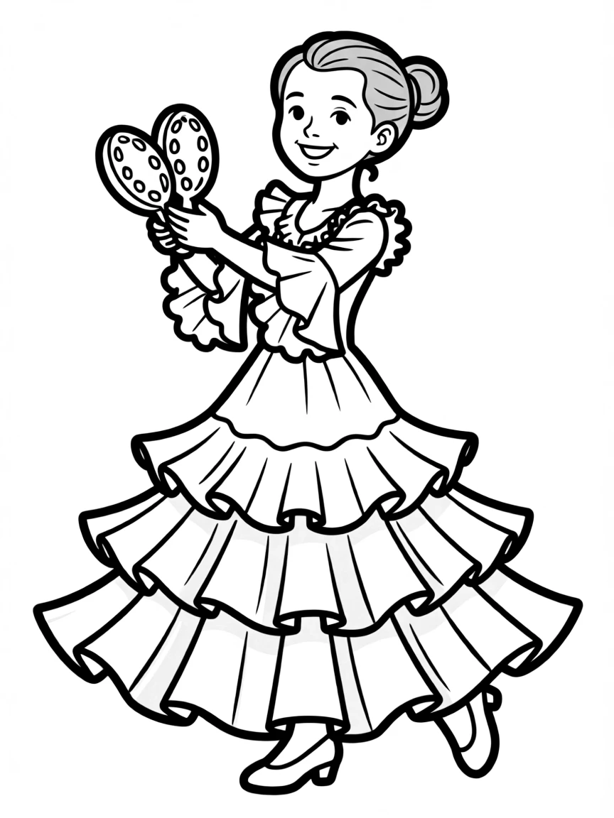 A Spanish child in a flamenco dress with ruffles, holding castanets.