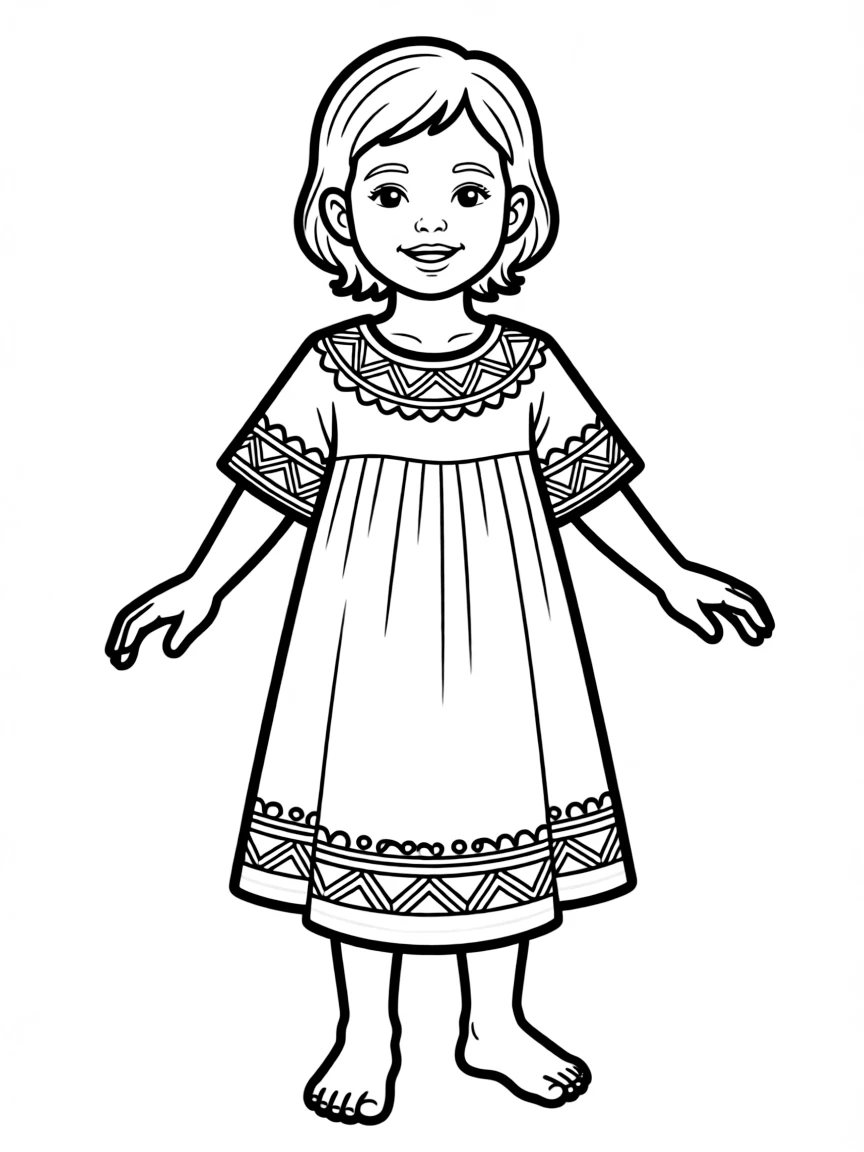 An Ethiopian child in a simple white cotton dress with colored embroidery.