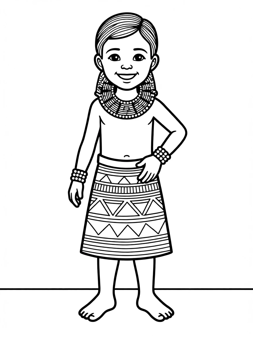 A South African Zulu child with simple beadwork, wearing a colorful skirt.