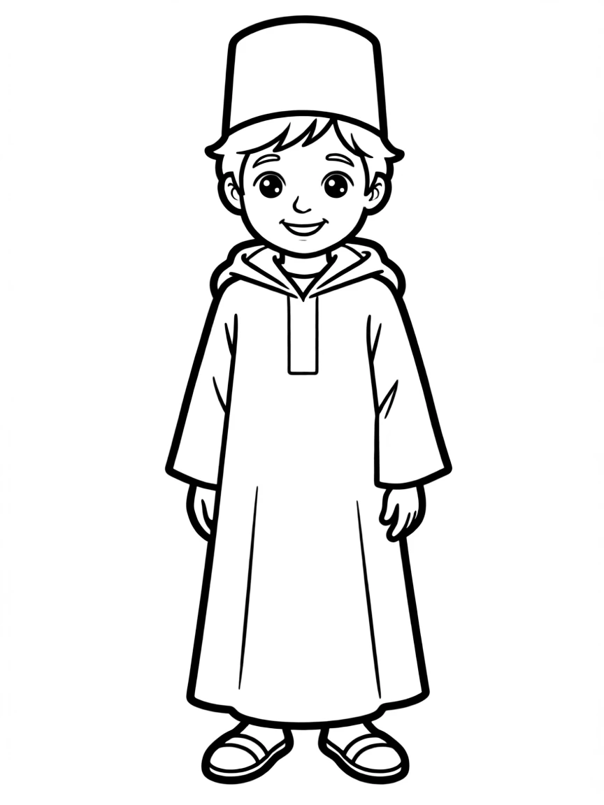 A Moroccan child in a simple djellaba and fez.