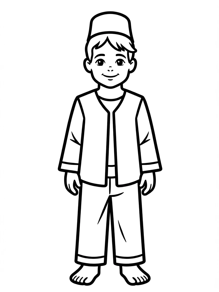 A Turkish child in a simple traditional vest and pants, with a small tarboosh.