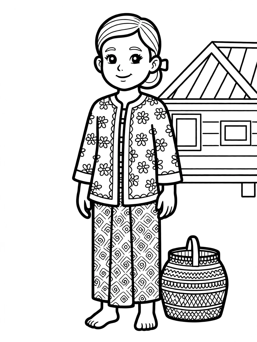 An Indonesian child in a batik sarong and kebaya.