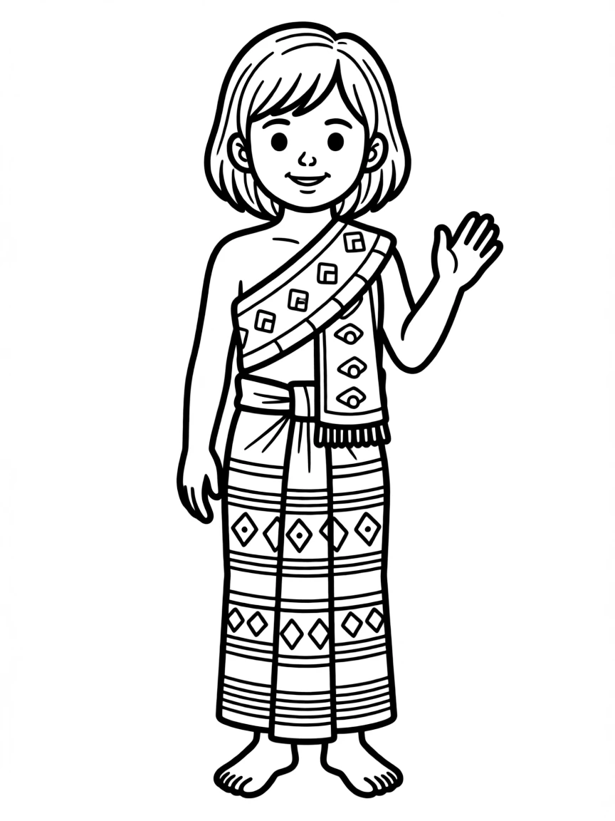 A Cambodian child in a sampot with a patterned sash.