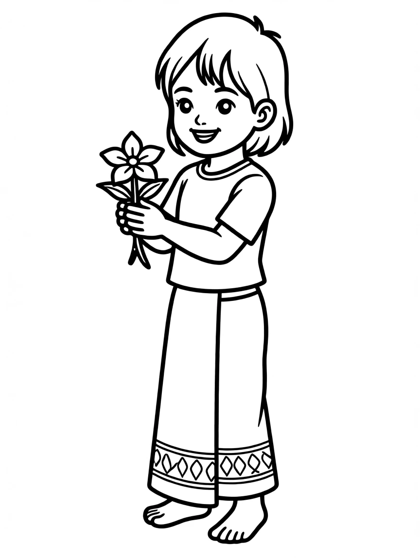 A Laotian child in a traditional sinh, with a small flower offering.
