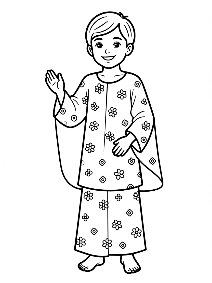 A Malaysian child in a baju kurung with simple patterns.
