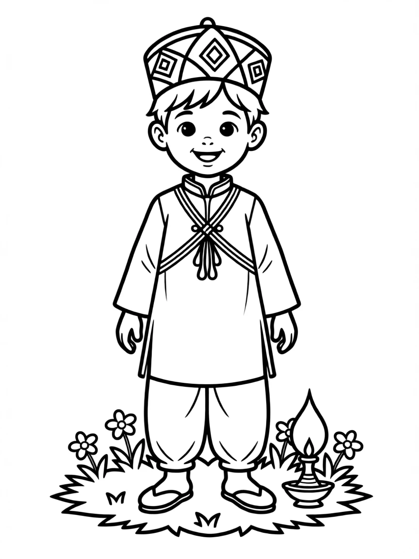 A Nepalese child in a daura suruwal and Dhaka topi.