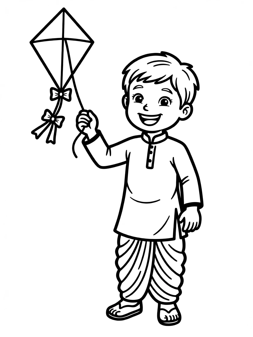 A Bangladeshi child in a panjabi and lungi, with a small kite.