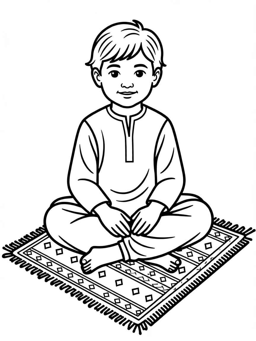 An Afghan child in a perahan tunban, with a small patterned rug.