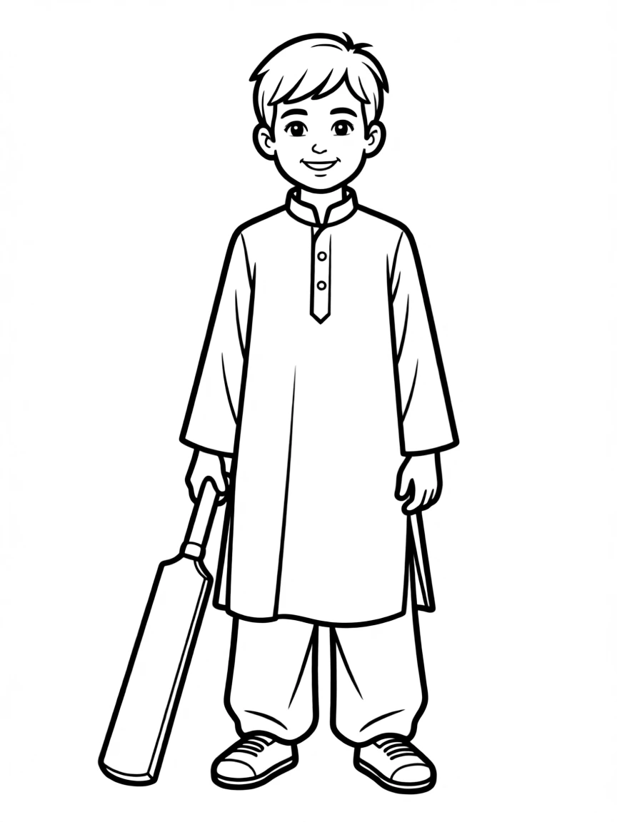 A Pakistani child in a shalwar kameez, holding a small cricket bat.