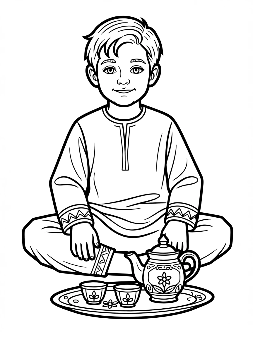An Iranian child in simple traditional clothes, with a small decorative tea set.