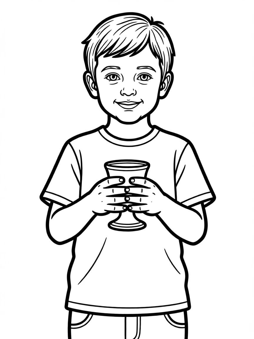 An Israeli child in simple modern clothes, with a small Kiddush cup.