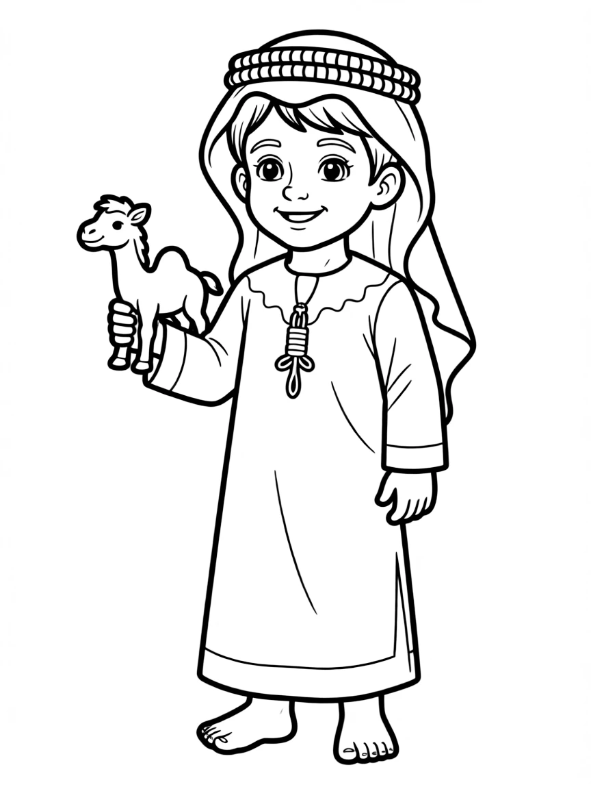 A Saudi Arabian child in a thobe and ghutra, with a small toy camel.
