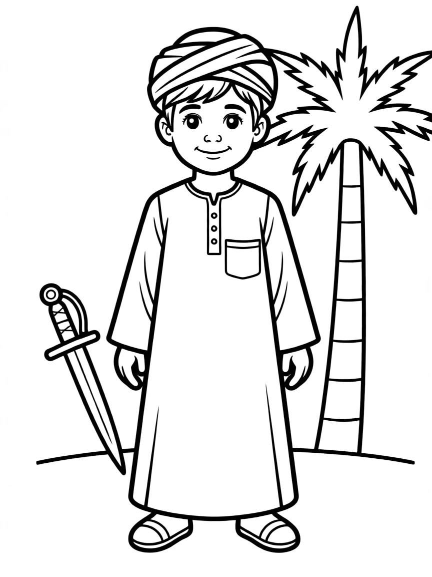 An Omani child in a dishdasha and mussar (turban).