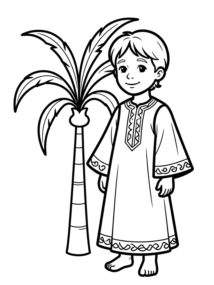 An Iraqi child in a simple traditional dress, with a small date palm tree.