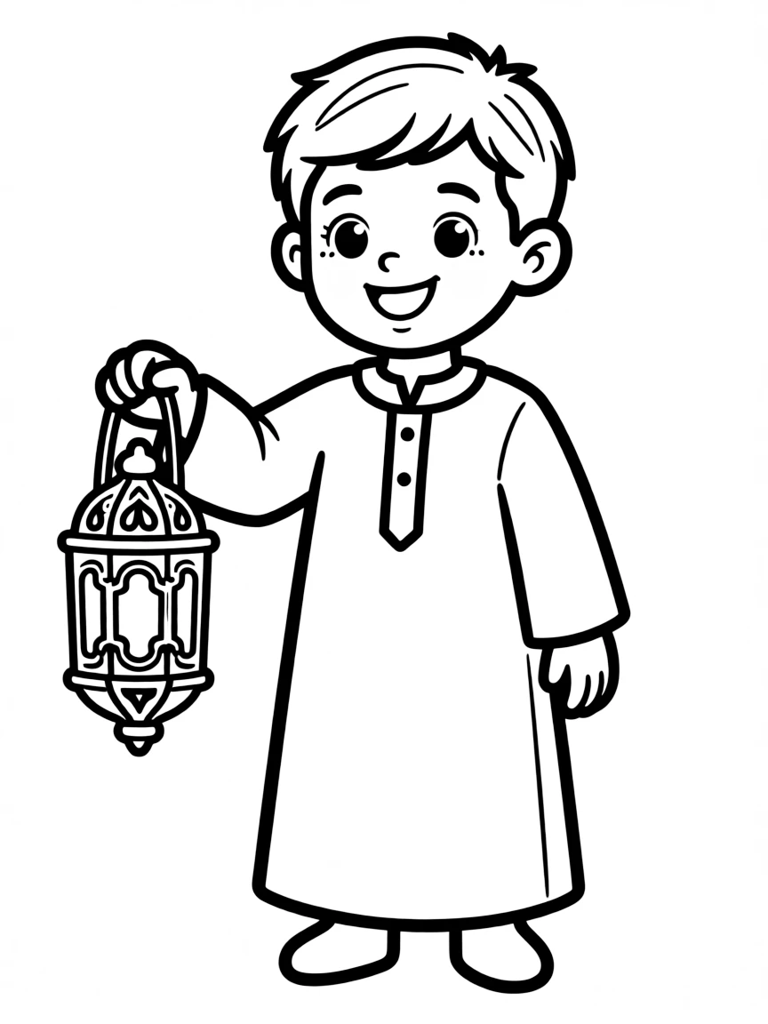 A Syrian child in a simple thobe, with a small decorative lantern.