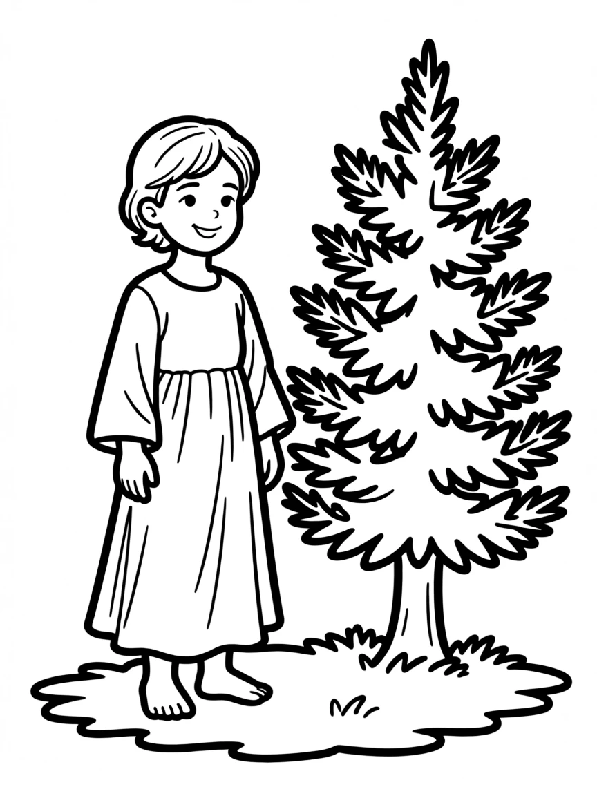A Lebanese child in a simple traditional dress, with a small cedar tree.
