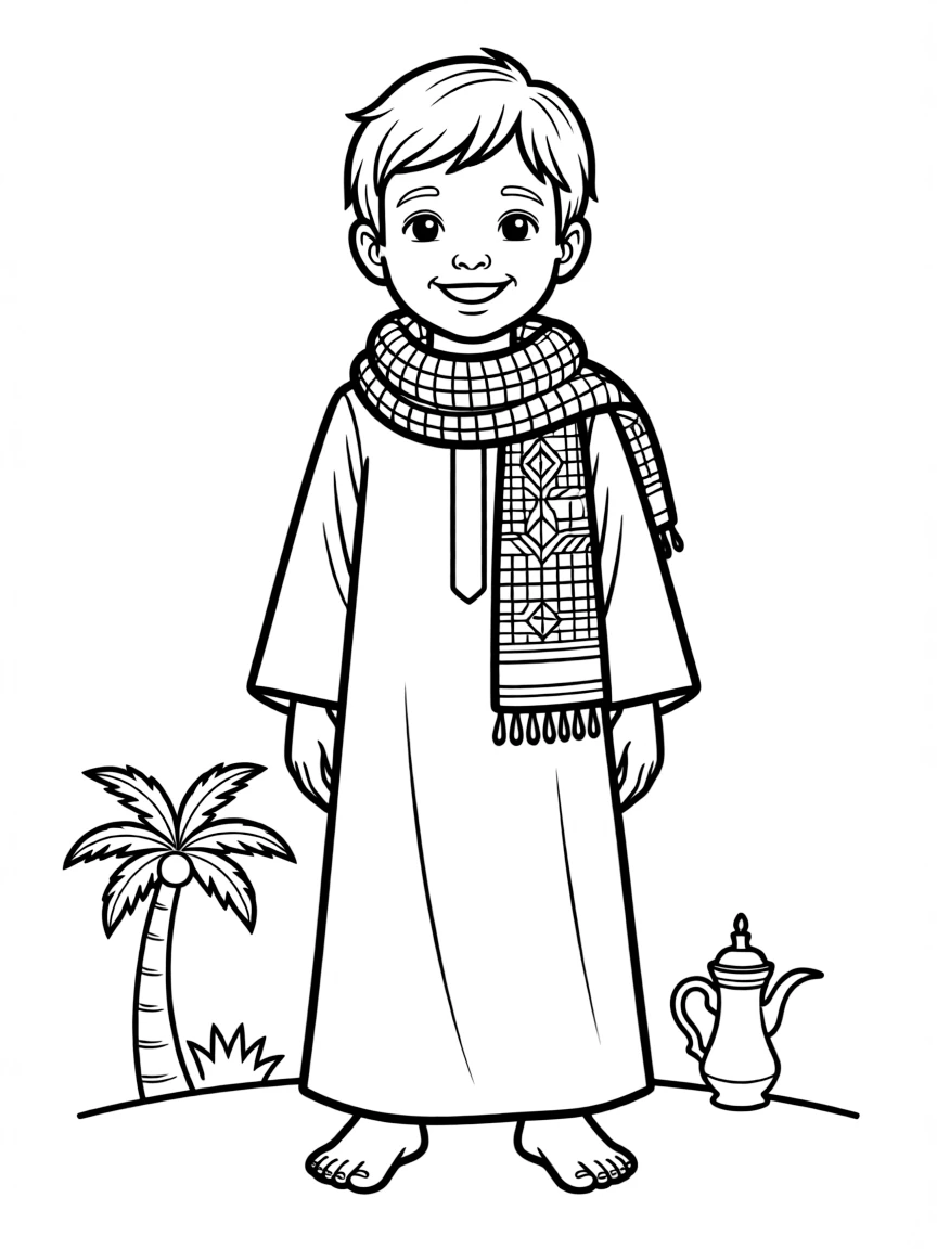 A Jordanian child in a simple thobe with a patterned scarf.