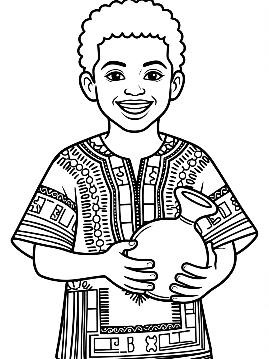 A happy African child, wearing a dashiki with bright patterns, holding a calabash.