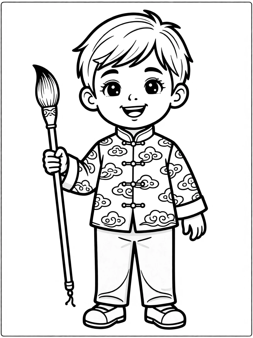 A smiling Chinese child in a silk jacket with cloud patterns, holding a traditional brush.